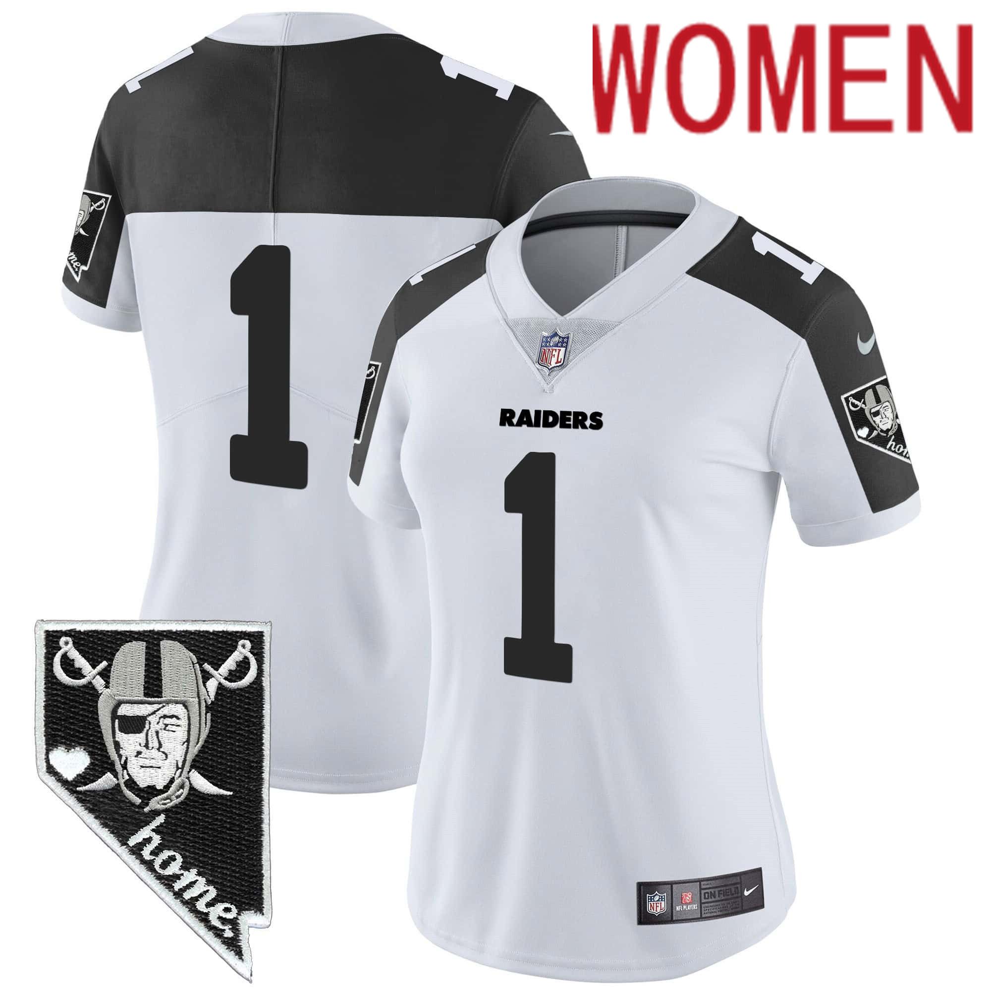 Women Oakland Raiders #1 No Name White 2024 Nike Nevada Home Patch Vapor NFL Jersey style 1